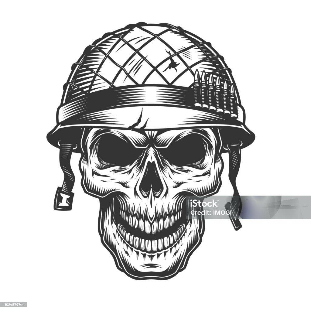 Skull in the soldier helmet Skull in the soldier helmet. Vector vintage illustration Skull stock vector