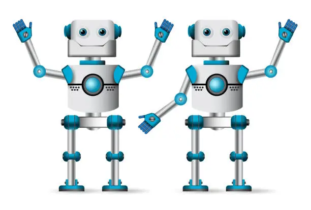 Vector illustration of Robot characters set. White cyborg mascot standing with waiving hand gestures