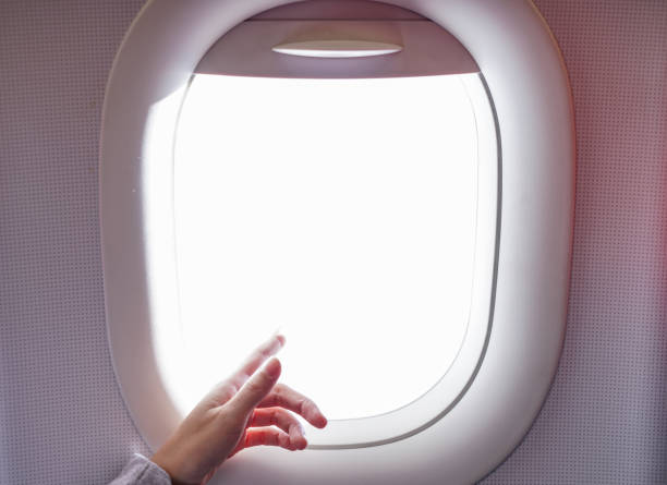 istock Female Hand Pointing Out of Plane Window 1024604282