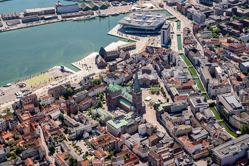 Arial shot of Aarhus city center with the cathedral.