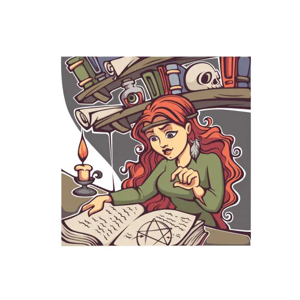 Vector illustration of Studing Witch, young lady reading a magic book,  for your Halloween card, label, flyer