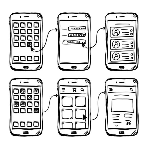 ui-mobile app-wireframe-doodle - drahtrahmenmodell stock-grafiken, -clipart, -cartoons und -symbole