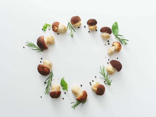 istock white mushrooms with basil, rosemary and pepper  on white table 1024634310