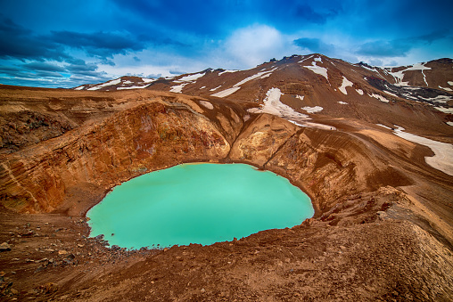 Viti sulfur blue lake in caldera of Askja volcano crater in Iceland, travel north landscape. Panoramic view