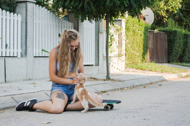Attractive blond girl sitting on skateboard on the street and playing with kitty