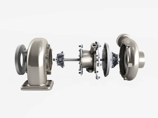 automotive turbocharger turbine 3d render on white no shadow - turbo diesel imagens e fotografias de stock