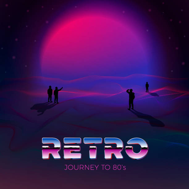 Vector poster template in 80s retro futurism style Vector poster design template in 80s retro futurism style, with futuristic violet sun and people gaze on it. Journey concept. futurism stock illustrations