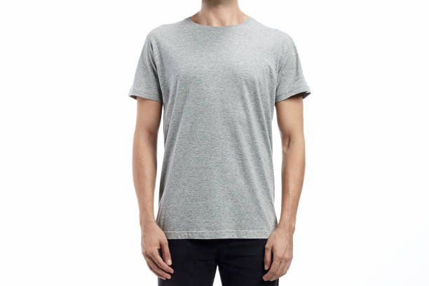 man standard tshirt mockup heather grey man standard tshirt mockup with flat white background heather grey stock pictures, royalty-free photos & images