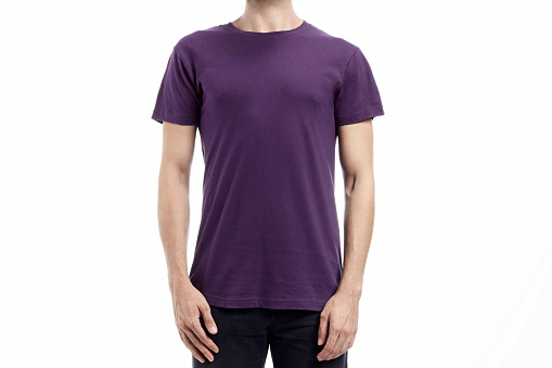 purple; man standard tshirt mockup with flat white background
