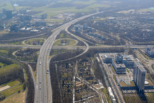 UTRECHT, THE NETHERLANDS - MARCH 2018: Top view of an intersection on the highway, Utrecht