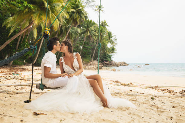 istock Happy young married couple celebrating their wedding on the beach 1024667652
