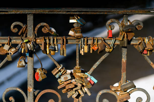 istock Vintage rustic wedding locks on a metal fencing on bridge 1024670468