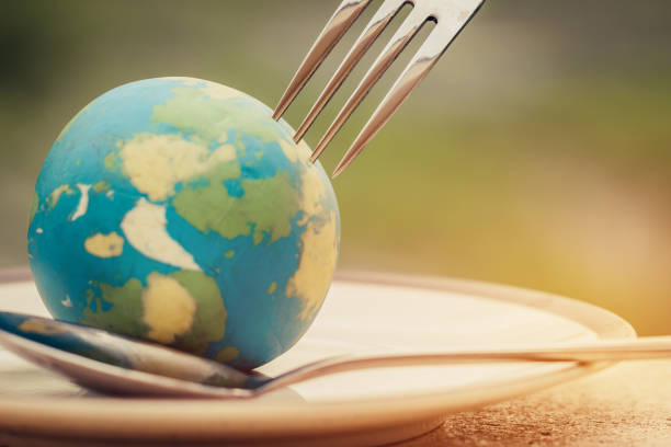 istock Fork slammed on Globe model placed on plate  for serve menu in famous hotel. International cuisine is practiced around the world often associated with specific region country. World food inter concept 1024677066