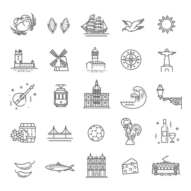 illustrazioni stock, clip art, cartoni animati e icone di tendenza di set icone di viaggio portogallo - ponte di strumento musicale