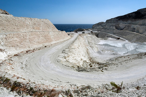 Mining in the Cyclades islands. Quarry in Kimolos island, access road.