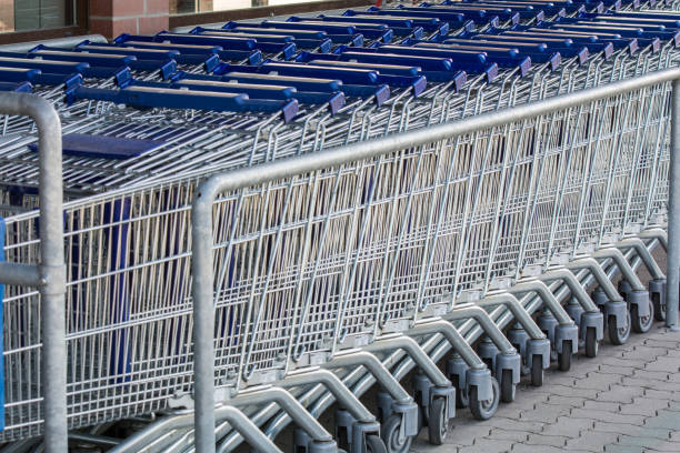 Stringed shopping baskets in front of a business