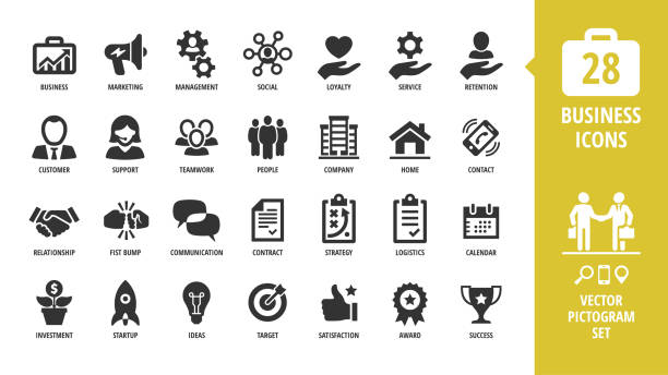 Vector business isolated silhouette icon set with business, marketing, management, social, loyalty, service, retention, handshake, fist bump and more sign. vector art illustration