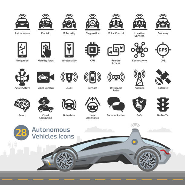 セルフ ドライブ未来無人自律スマート ユニークなデザイン コンセプト車の車両アイコンを設定します。 - 未来　車点のイラスト素材／クリップアート素材／マンガ素材／アイコン素材