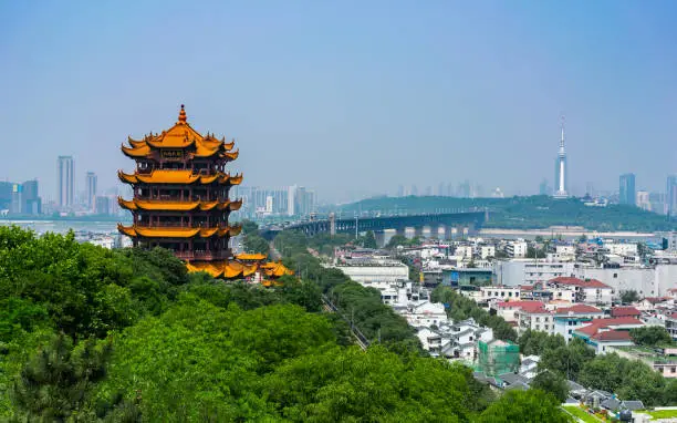 Yellow crane tower and Wuhan Yangtze Great Bridge scenic view in Wuhan Hubei China