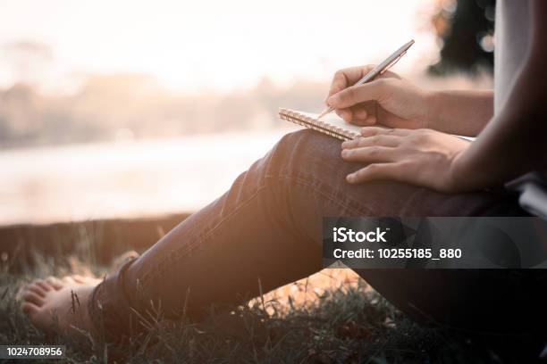 Women Siting And Writing Memory On Notebook In Park In Summer Stock Photo - Download Image Now