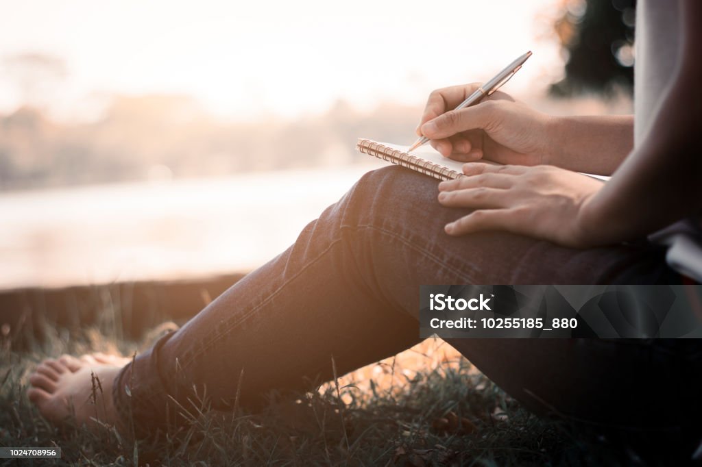 mulheres, localização e escrevendo a memória em notebook no parque no verão - Foto de stock de Escrever royalty-free