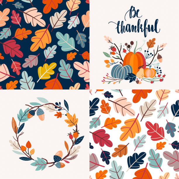 ilustraciones, imágenes clip art, dibujos animados e iconos de stock de colección de tarjetas otoñales y patrones sin fisuras - thanksgiving