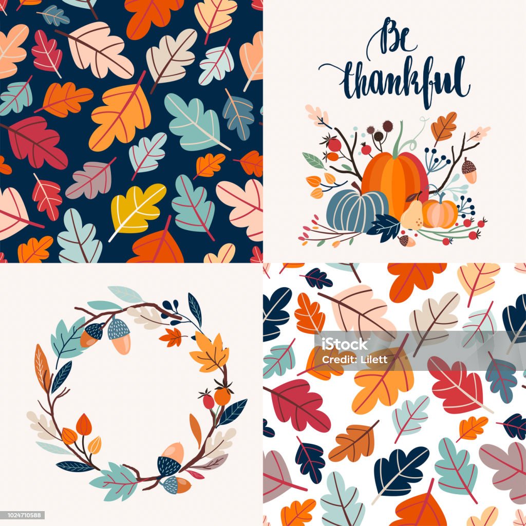 Autumnal cards collection and seamless patterns Autumnal collection of cards with decorative seamless patterns and hand lettering Autumn stock vector