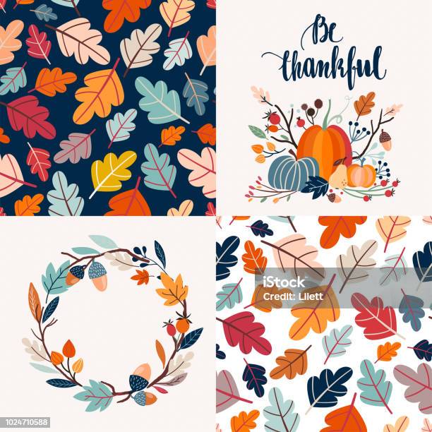 Autumnal Cards Collection And Seamless Patterns Stock Illustration - Download Image Now - Autumn, Thanksgiving - Holiday, Backgrounds