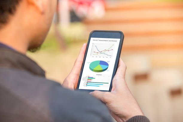 istock Project management dashboard concept. Man holding phone with management project dashboard on screen. 1024716430