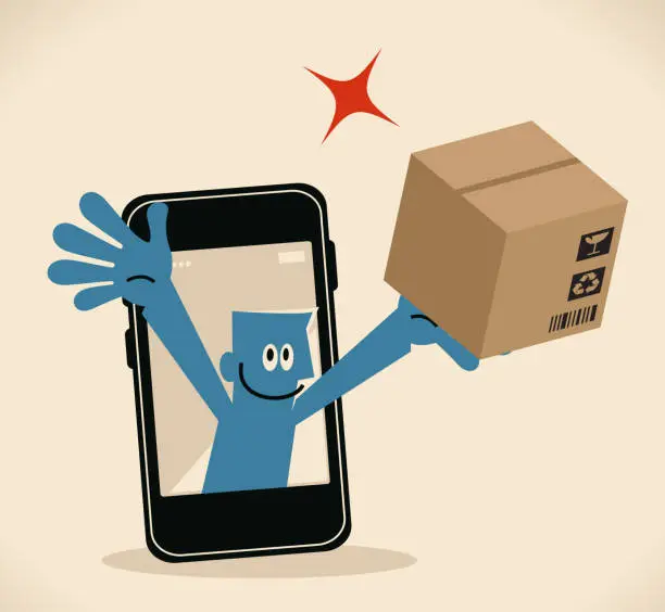 Vector illustration of Delivery man from smart phone holding a cardboard box