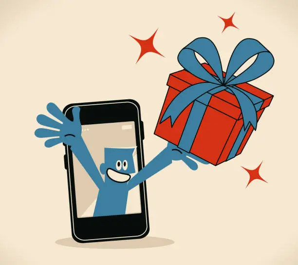 Vector illustration of Delivery man from smart phone holding a gift box