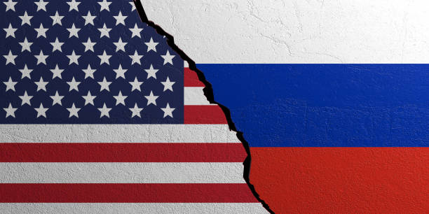 istock Russia and USA flag, plastered wall background. 3d illustration 1024730562