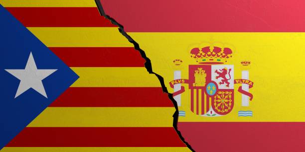 istock Catalonia and Spain flag, broken wall background. 3d illustration 1024730604