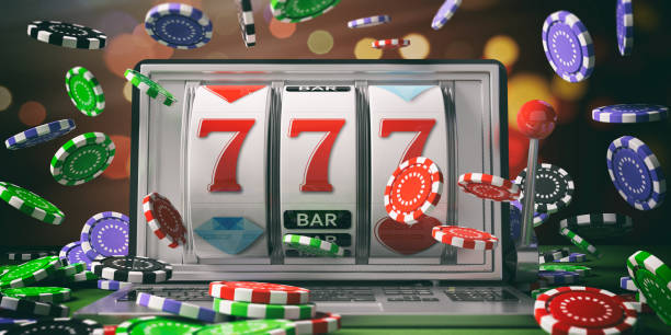 istock Slot machine on a laptop screen and falling poker chips. 3d illustration 1024730664