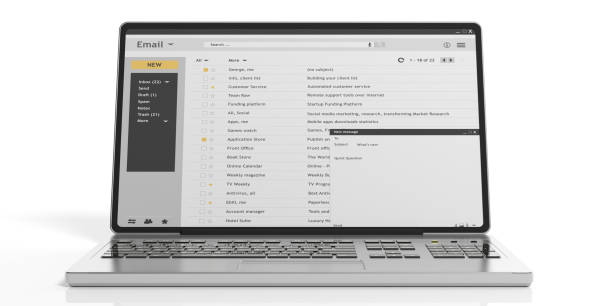 e-mails em uma tela de laptop isolado no fundo branco. ilustração 3d - caixa de entrada de correio eletrónico - fotografias e filmes do acervo