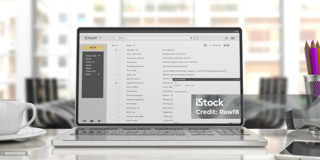 Emails on a laptop screen isolated on an desk, office background. 3d illustration Emails list on a laptop screen isolated on an desk, office background. 3d illustration E-Mail Stock Photo