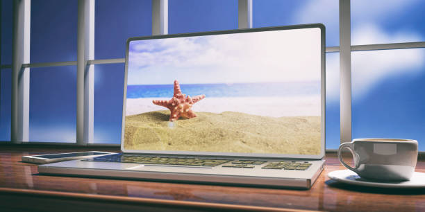 Laptop with beach screen on desk. Blurred sky background. 3d illustration