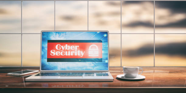 istock Laptop with cyber security screen on desk. Blurred sky background. 3d illustration 1024733712
