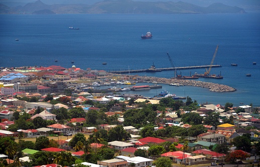 Basseterre, St Kitts, St Kitts and Nevis: the Kittitian capital seen from the air - city center and the harbor area, skyline - south western coast - Federation of Saint Christopher and Nevis