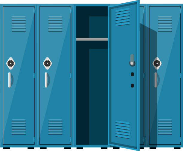 Blue metal cabinets. Blue metal cabinets. Lockers in school or gym with silver handles and locks. Safe box with doors, cupboard, compartment. Vector illustration in flat style combination lock stock illustrations
