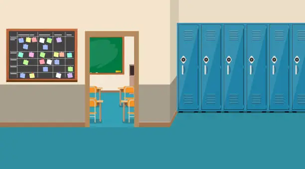 Vector illustration of empty school interior,open door in classroom