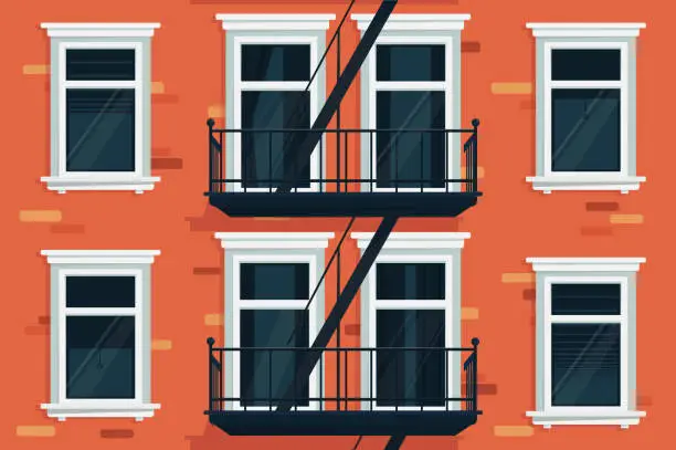 Vector illustration of Wall of house with windows and stairs