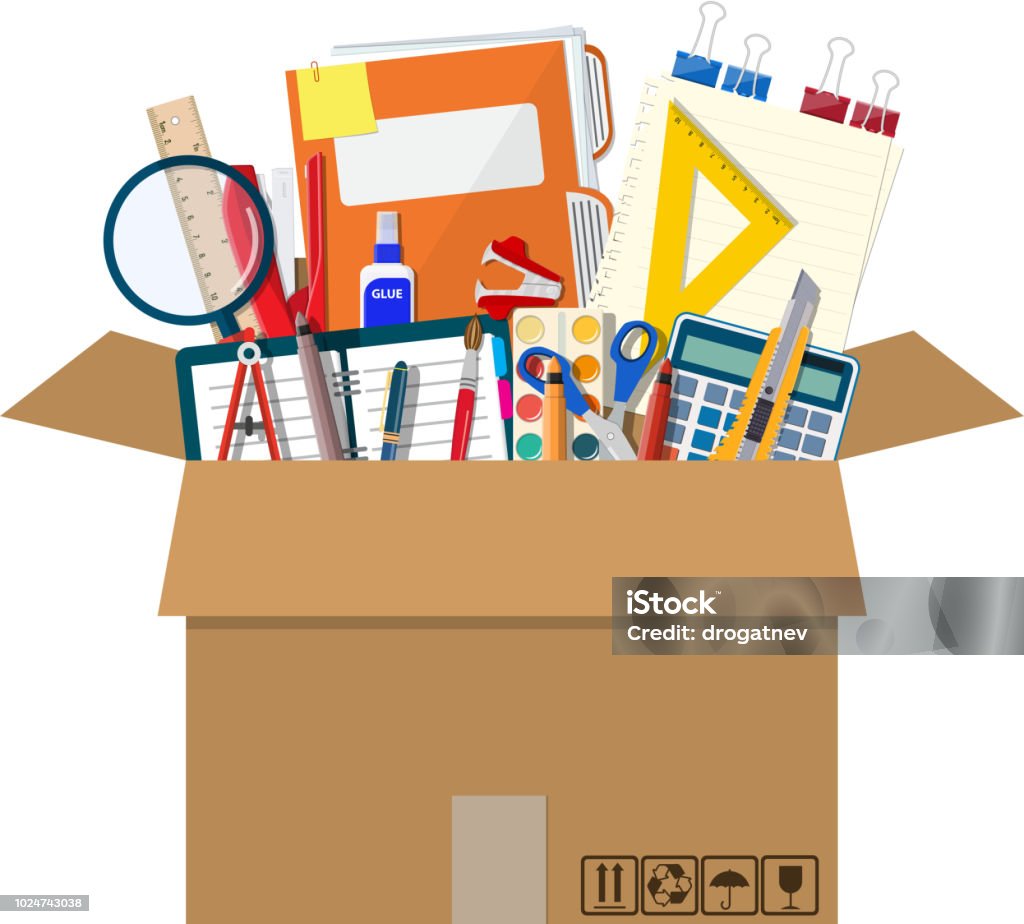 Office accessories in cardboard box. Office accessories in cardboard box. Book, notebook, ruler, knife, folder, pencil, pen, calculator scissors paint tape file. Office supply stationery and education. Vector illustration flat style Office Supply stock vector