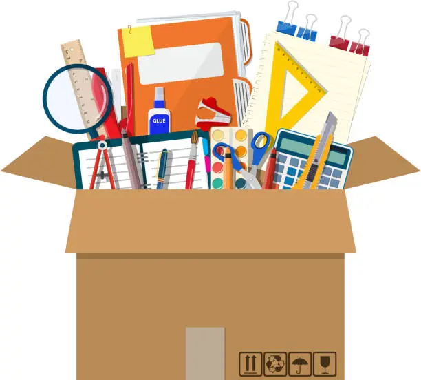 Vector illustration of Office accessories in cardboard box.