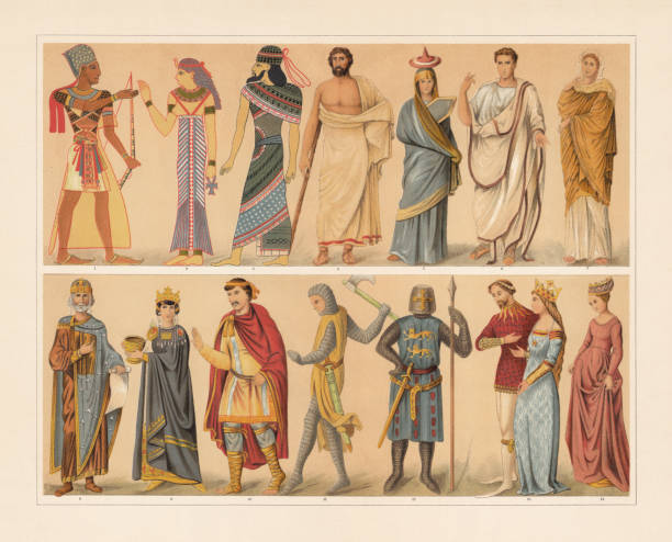 античные и средневековые костюмы, хромолитограф, опубликованный в 1897 году - культура египта иллюстрации stock illustrations