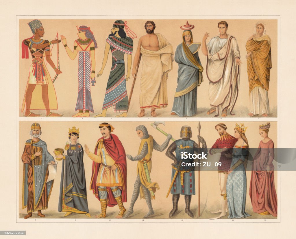 Antique and medieval costumes, chromolithograph, published in 1897 Antique and medieval costumes: 1) Egyptian king (pharaoh); 2) Egyptian queen; 3) Assyrian (1400 BC); 4) Greek man in the Himation; 5) Greek woman from Tanagra; 6) Roman official in the Toga praetexta; 7) Roman woman; 8) Byzantine emperor ornat (10th century); 9 Byzantine empress; 10) Franconian nobleman (9th century); 11) French knight (13th century); 12) Knight (13th century); 13) Knight and queen (14th century); 14) Flemish woman (15th century). Chromolithograph, published in 1897. Medieval stock illustration