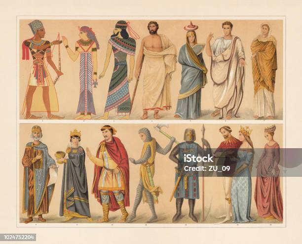 Antique And Medieval Costumes Chromolithograph Published In 1897 Stock Illustration - Download Image Now