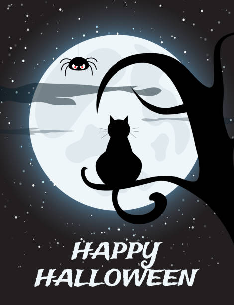 illustrations, cliparts, dessins animés et icônes de arrière-plan de nuit de halloween avec la pleine lune, araignée et un chat noir sur l’arbre - white black tree fog