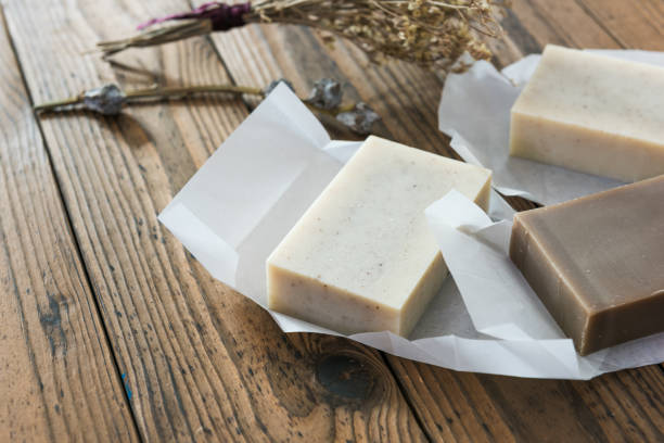 istock Handmade natural soap on wooden background 1024765610