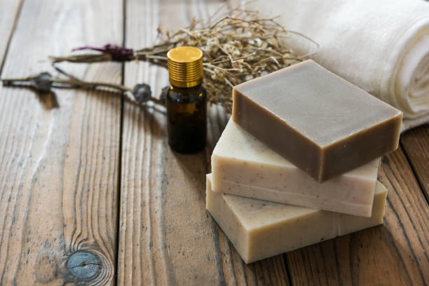 istock Handmade natural soap on wooden background 1024767916